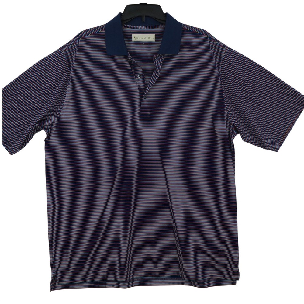 Donald Ross Mens XL Polo Shirt Navy Blue Multi Stripe Short Sleeve Golf Top